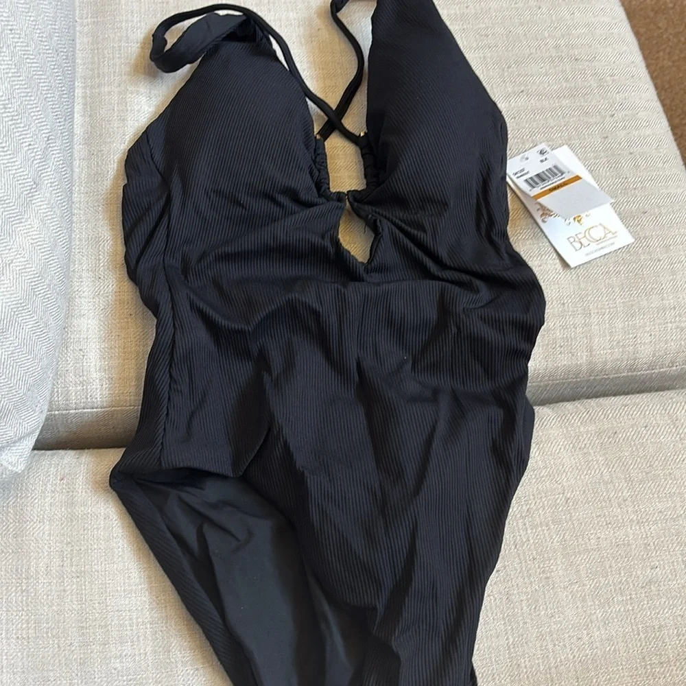 BECCA Women's Modern Edge One Piece Swimsuit, Plunge Neck, Adjustable, Tie Back